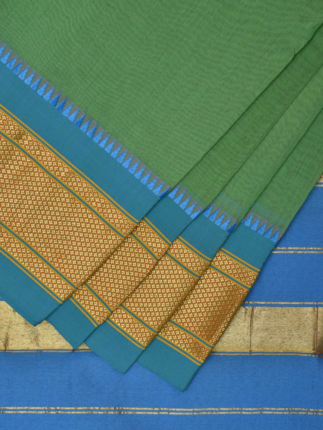 Green and Blue Bamboo Cotton Plain Saree with Narali Border No Blouse bc0551