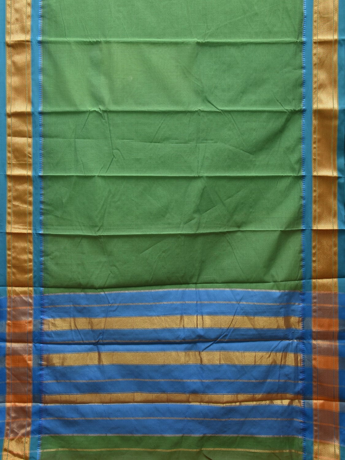 Green and Blue Bamboo Cotton Plain Saree with Narali Border No Blouse bc0551