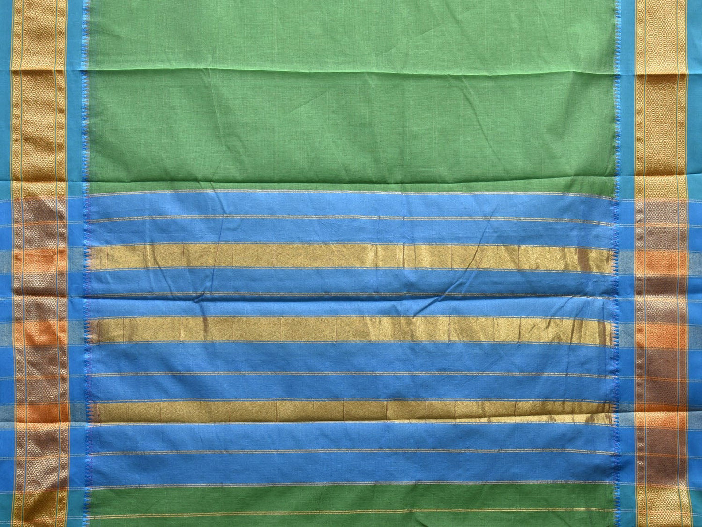 Green and Blue Bamboo Cotton Plain Saree with Narali Border No Blouse bc0551