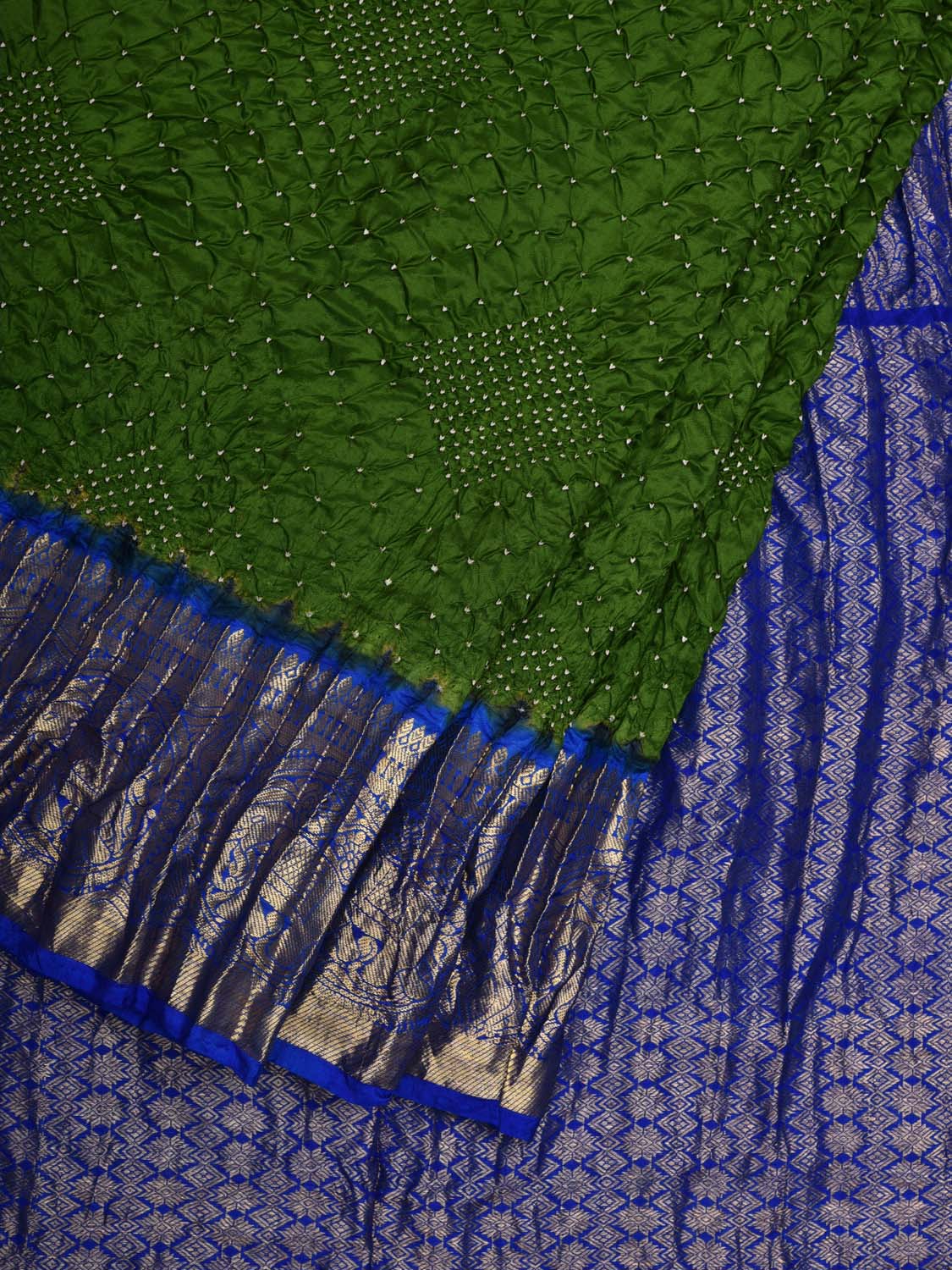 Green and Blue Bandhani Kanchipuram Silk Handloom Saree with Border and Pallu Design bn0354