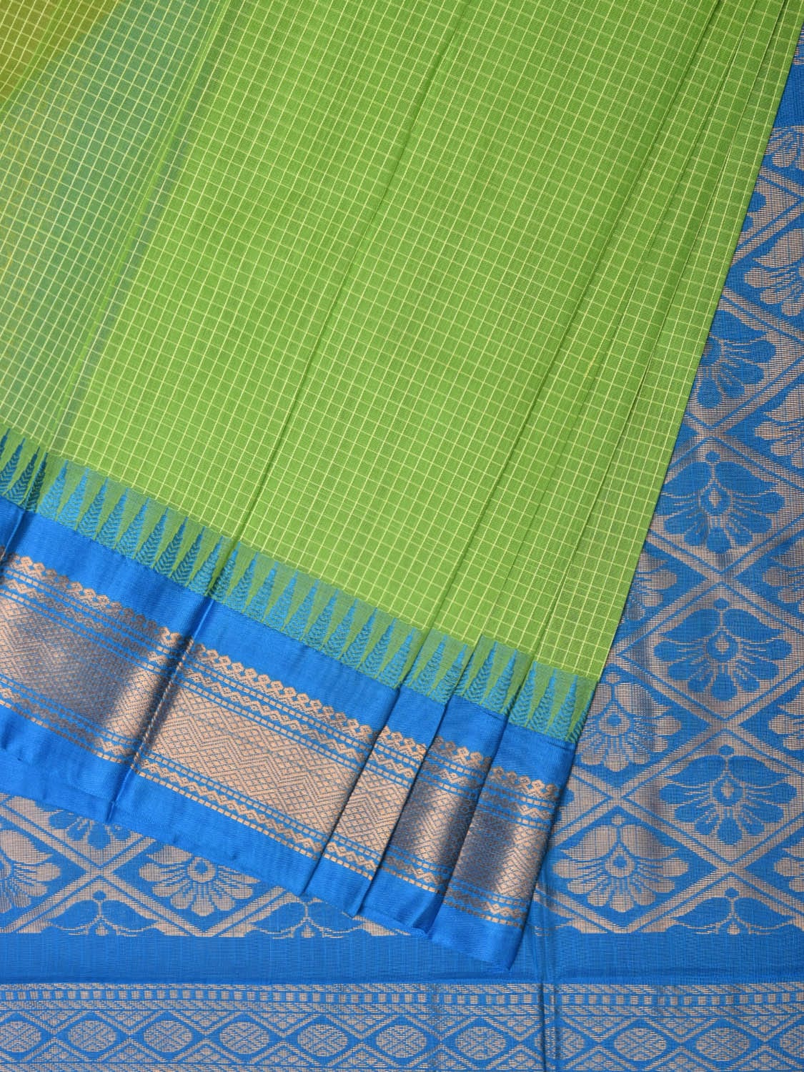 Green and Blue Gadwal Cotton Plain Saree with Checks and Pallu Design No Blouse g0353