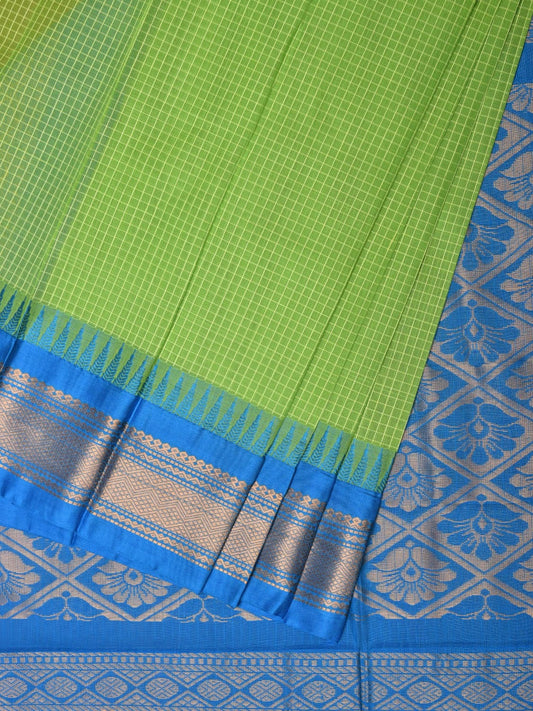 Green and Blue Gadwal Cotton Plain Saree with Checks and Pallu Design No Blouse g0353