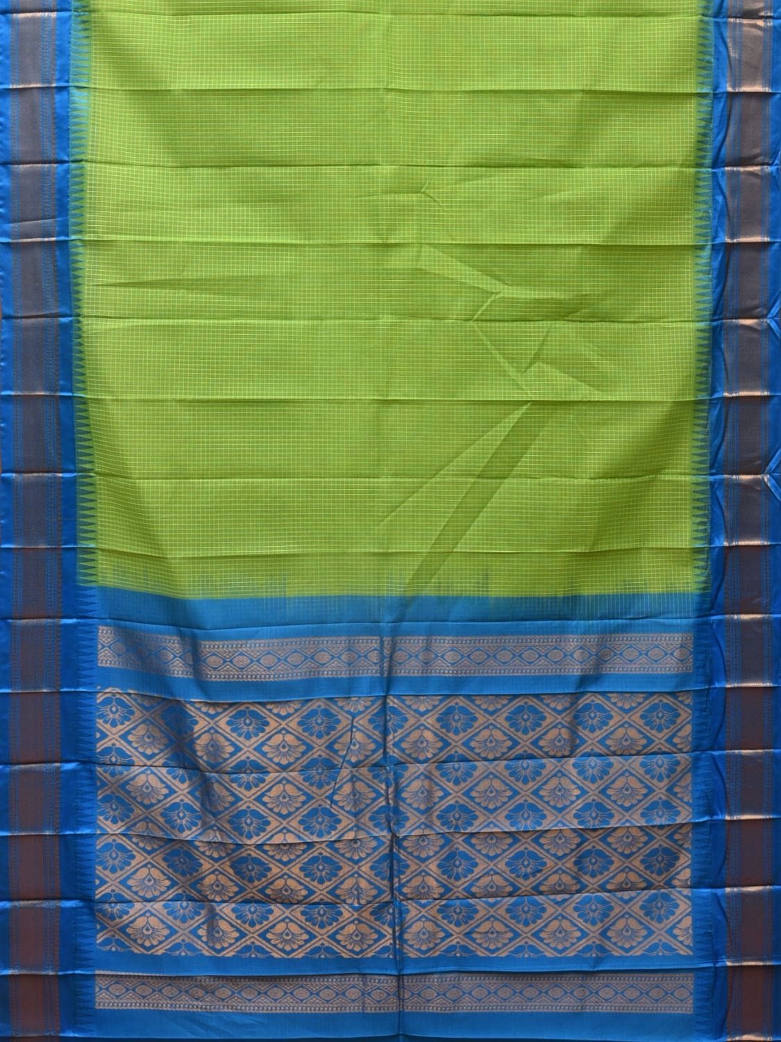 Green and Blue Gadwal Cotton Plain Saree with Checks and Pallu Design No Blouse g0353