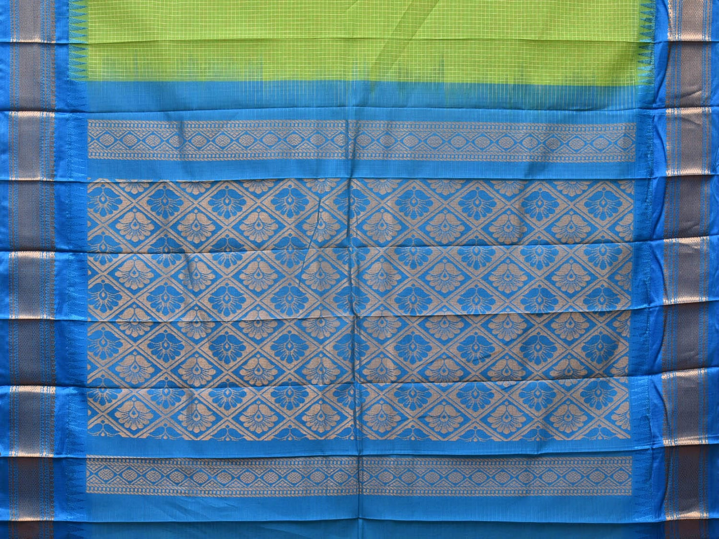 Green and Blue Gadwal Cotton Plain Saree with Checks and Pallu Design No Blouse g0353