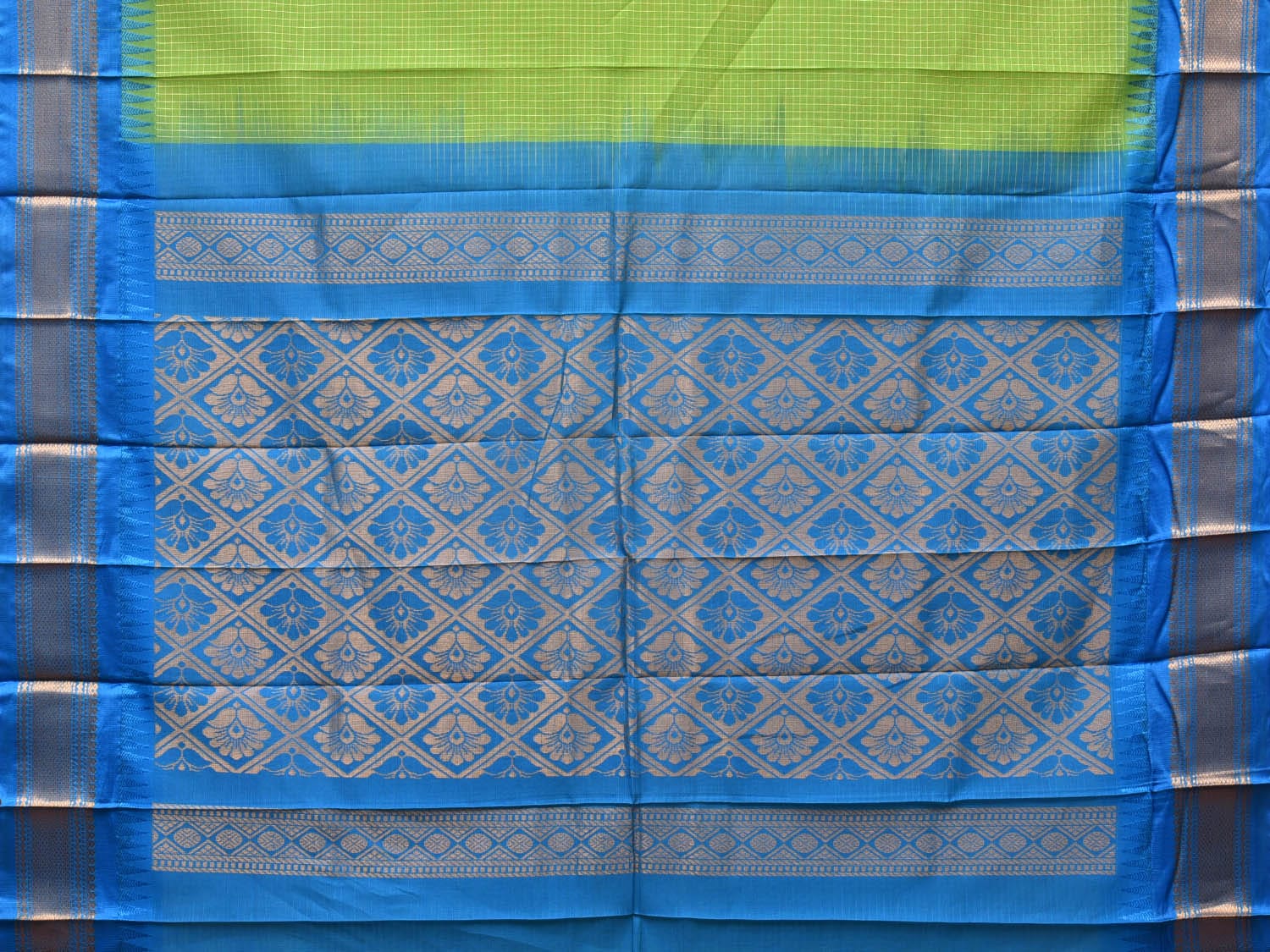 Green and Blue Gadwal Cotton Plain Saree with Checks and Pallu Design No Blouse g0353