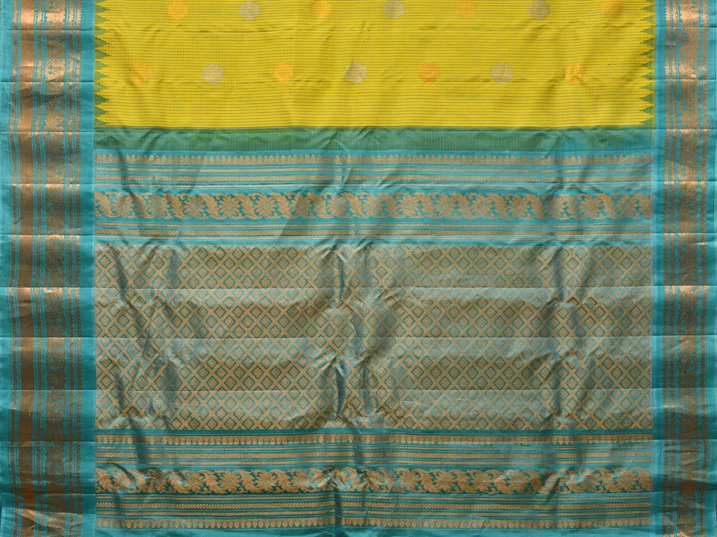 Green and Blue Gadwal Silk Handloom Saree with Checks, Buta and Pallu Design g0367