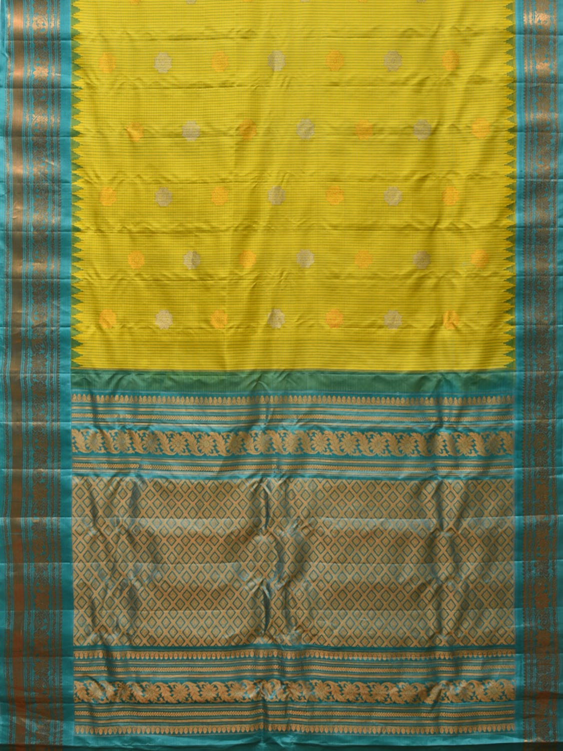 Green and Blue Gadwal Silk Handloom Saree with Checks, Buta and Pallu Design g0367