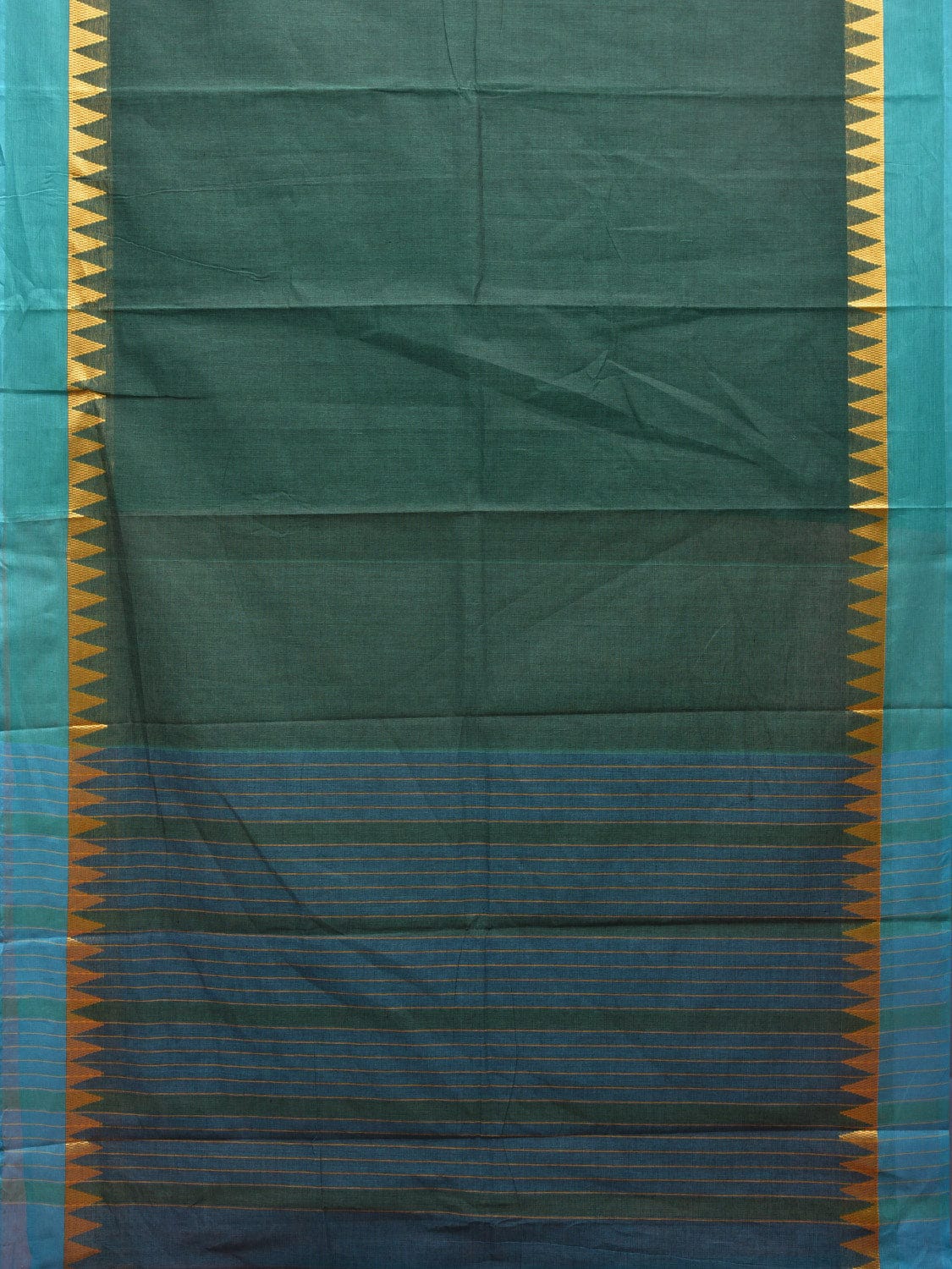 Green and Blue Kanchipuram Cotton Plain Saree with Temple Border Design k0618