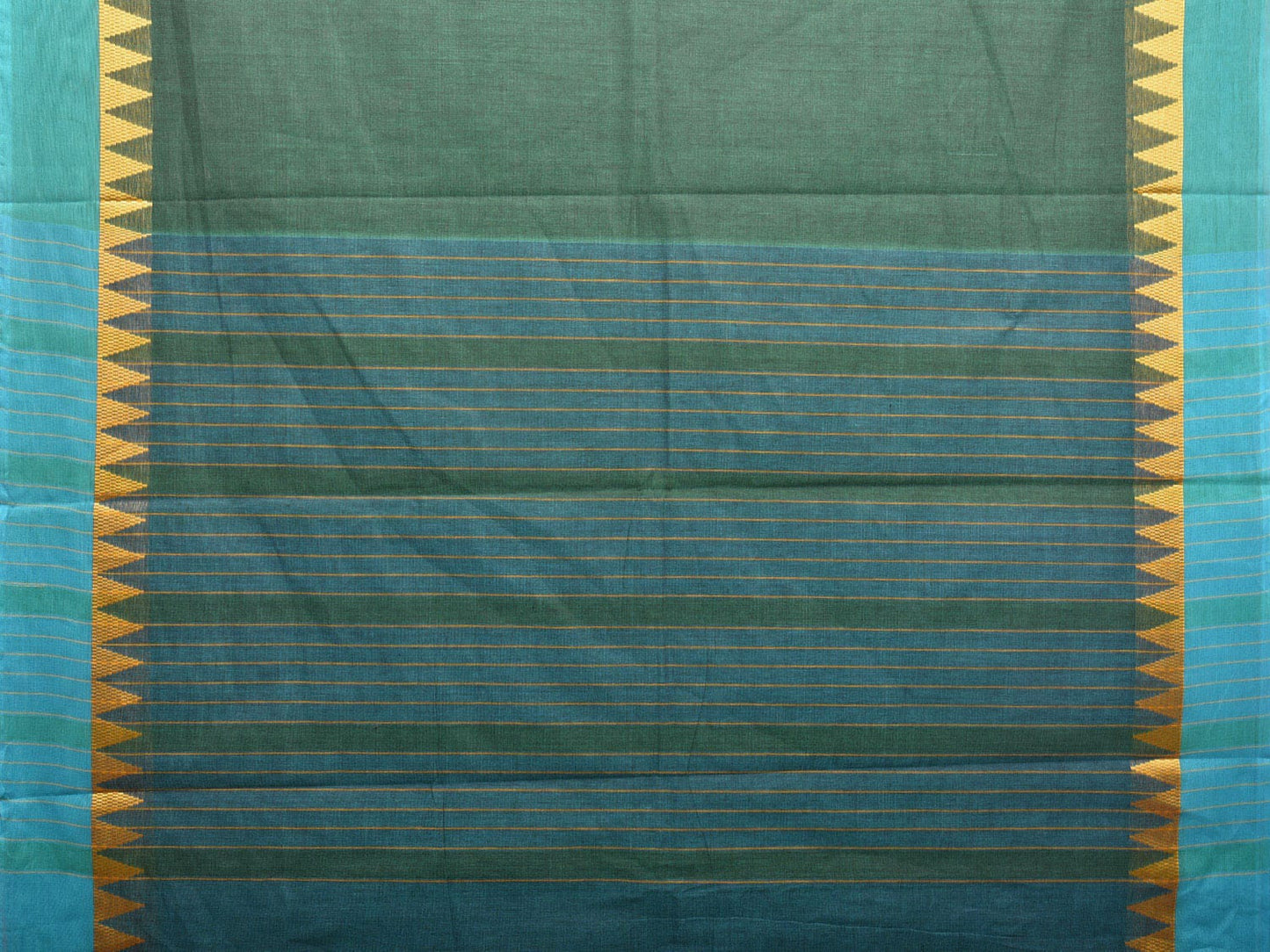 Green and Blue Kanchipuram Cotton Plain Saree with Temple Border Design k0618
