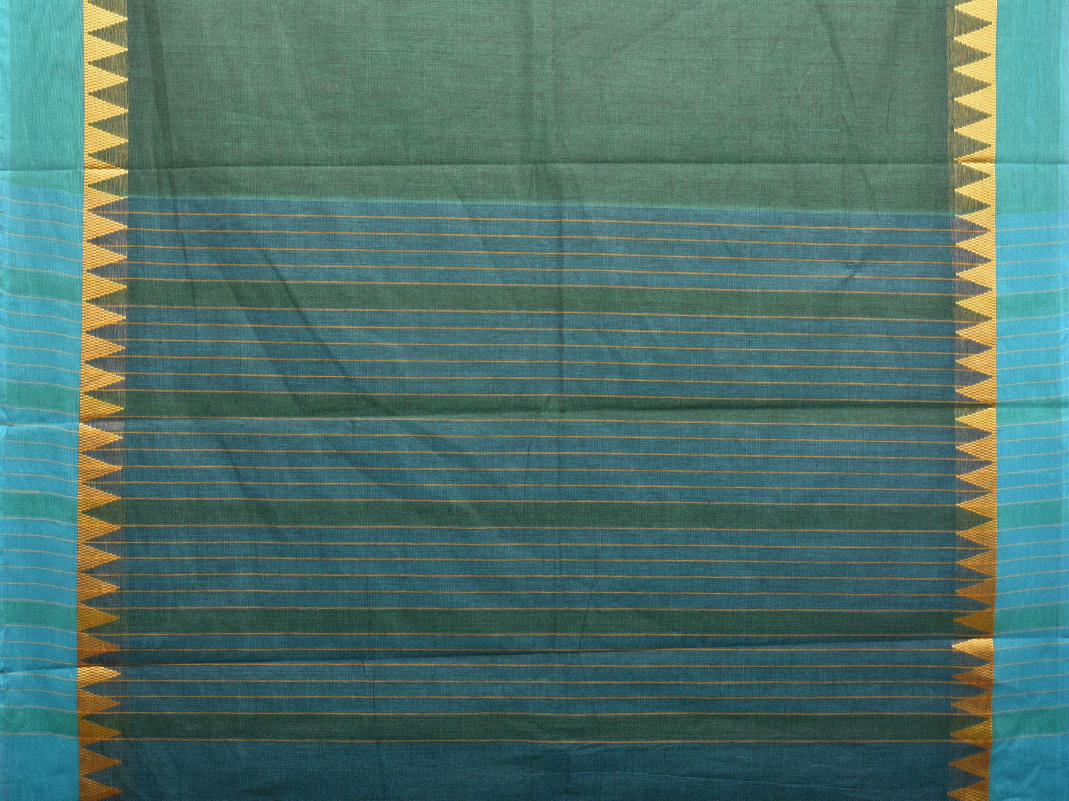 Green and Blue Kanchipuram Cotton Plain Saree with Temple Border Design k0618