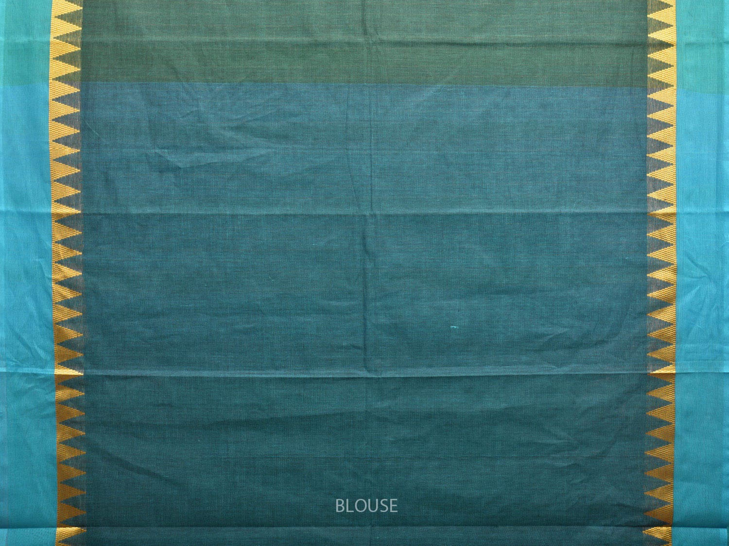 Green and Blue Kanchipuram Cotton Plain Saree with Temple Border Design k0618