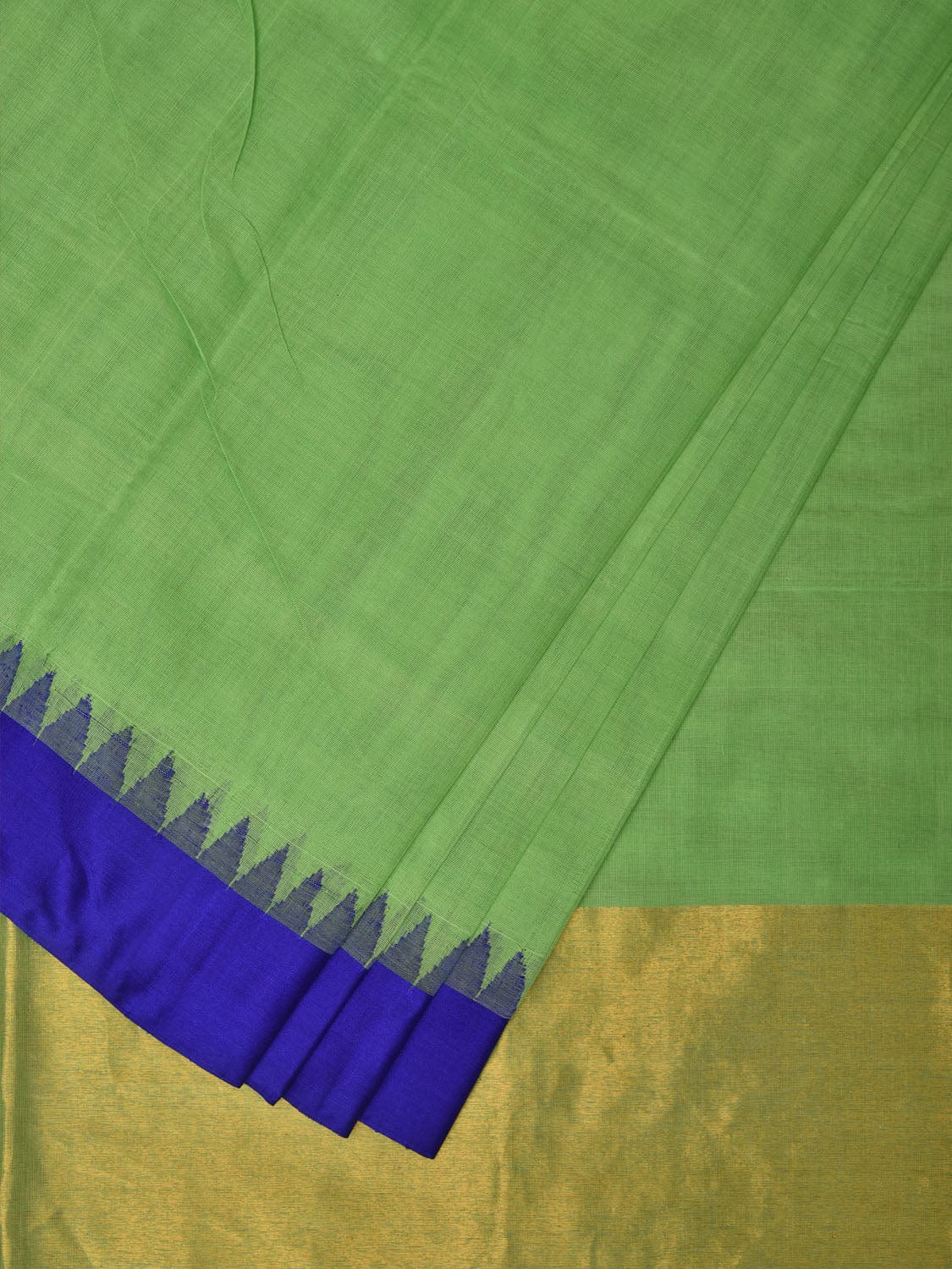 Green and Blue Khadi Cotton Handloom Saree Plain Saree with Temple Border Design kh0607
