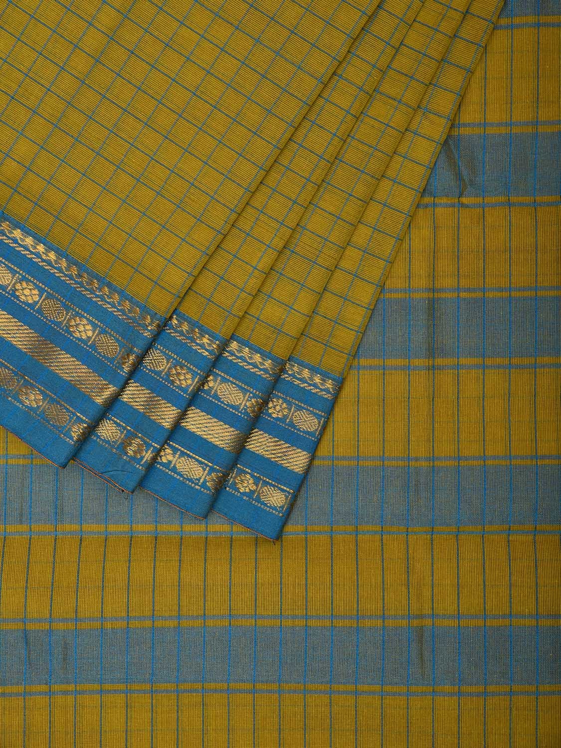 Green and Blue Narayanpet Cotton Handloom Saree with Checks Design No Blouse np1012