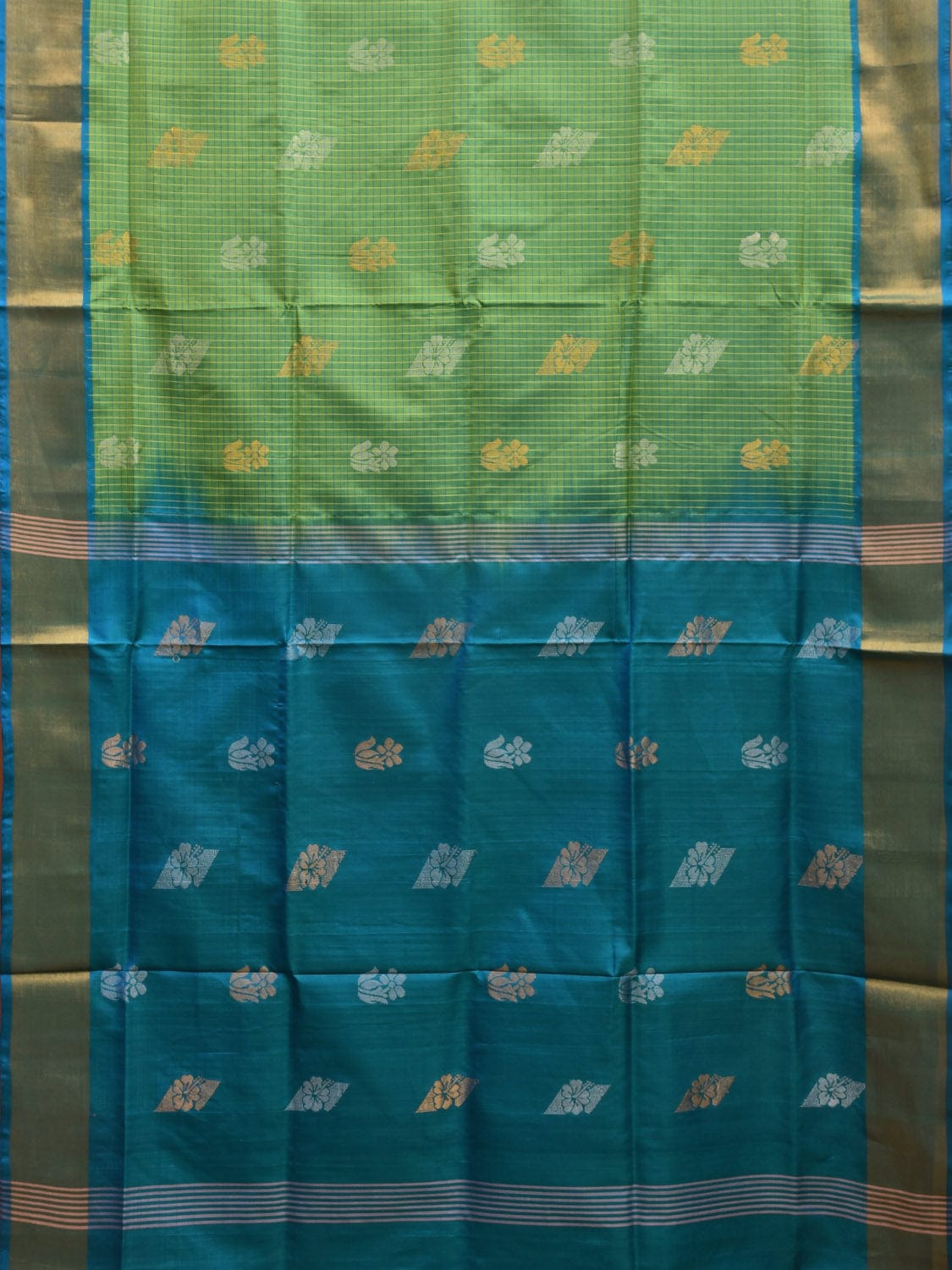 Green and Blue Uppada Plain Silk Handloom Saree with Buta and Contrast Pallu Design u2245
