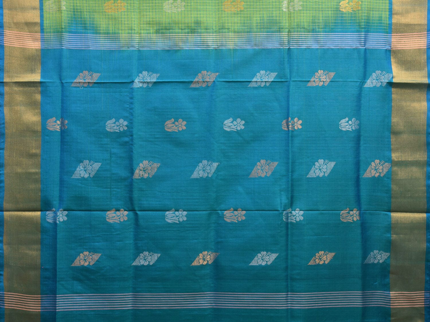 Green and Blue Uppada Plain Silk Handloom Saree with Buta and Contrast Pallu Design u2245