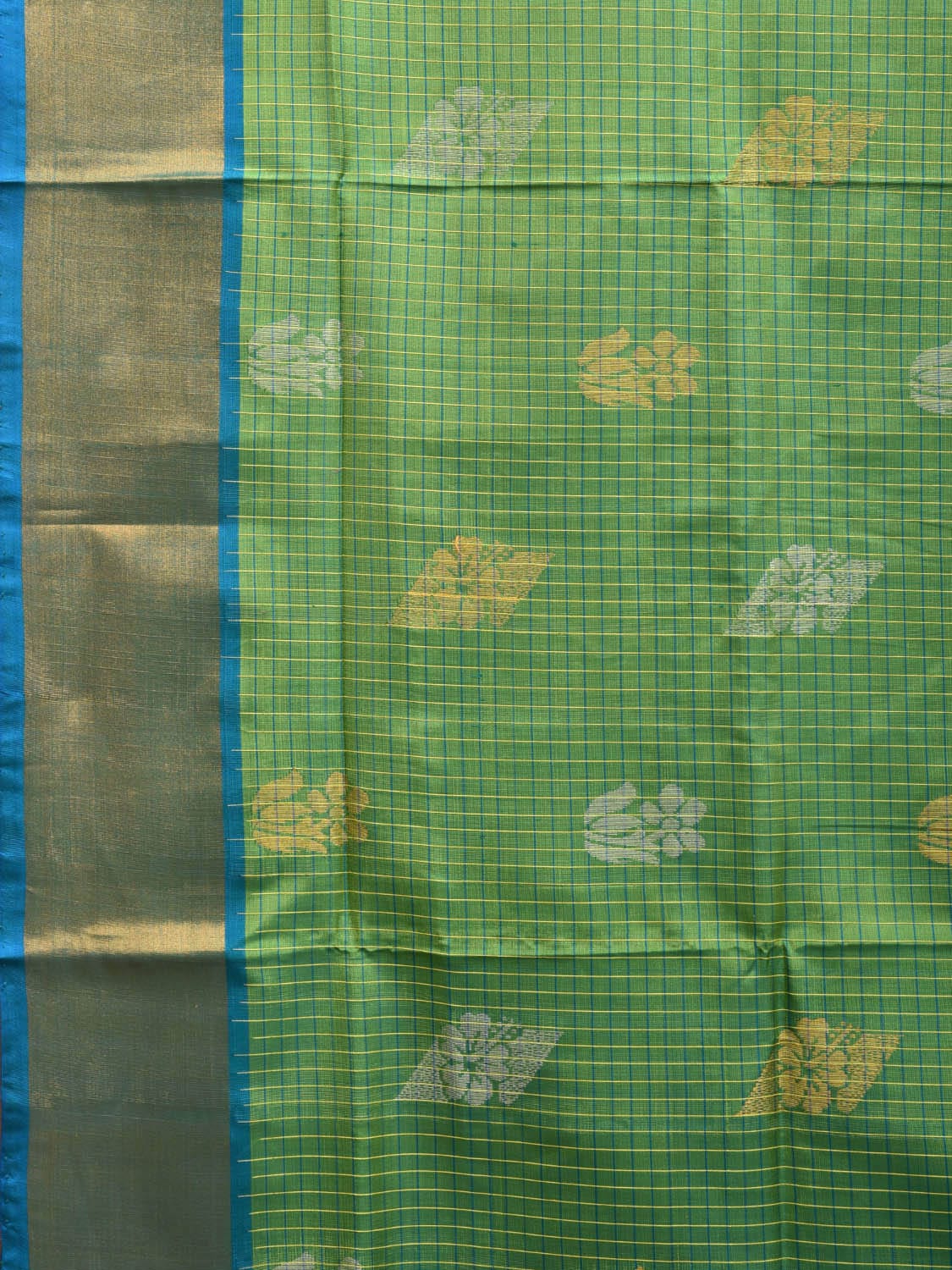 Green and Blue Uppada Plain Silk Handloom Saree with Buta and Contrast Pallu Design u2245
