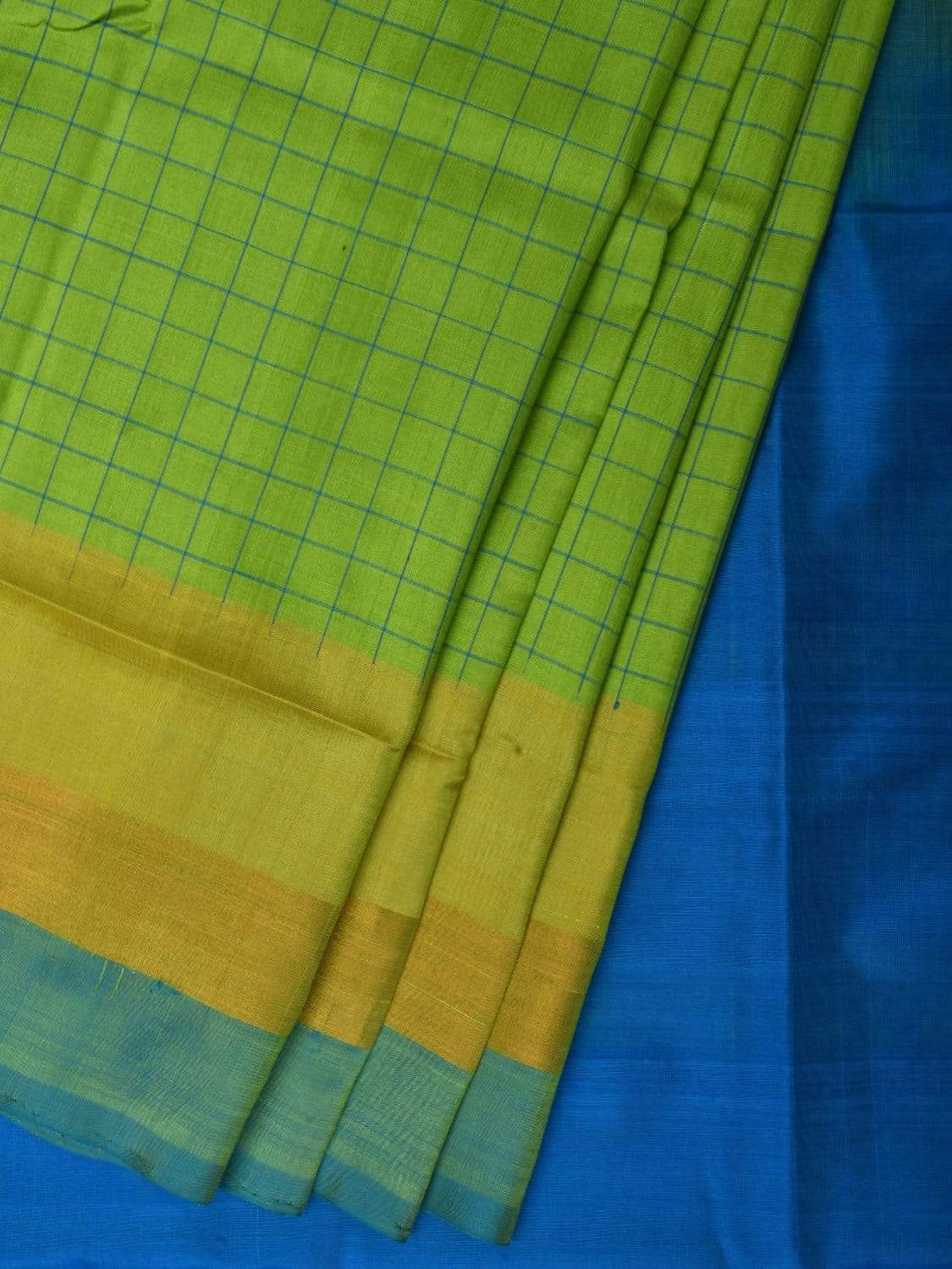Green and Blue Uppada Silk Handloom Saree with Half Checks Body Design u1763