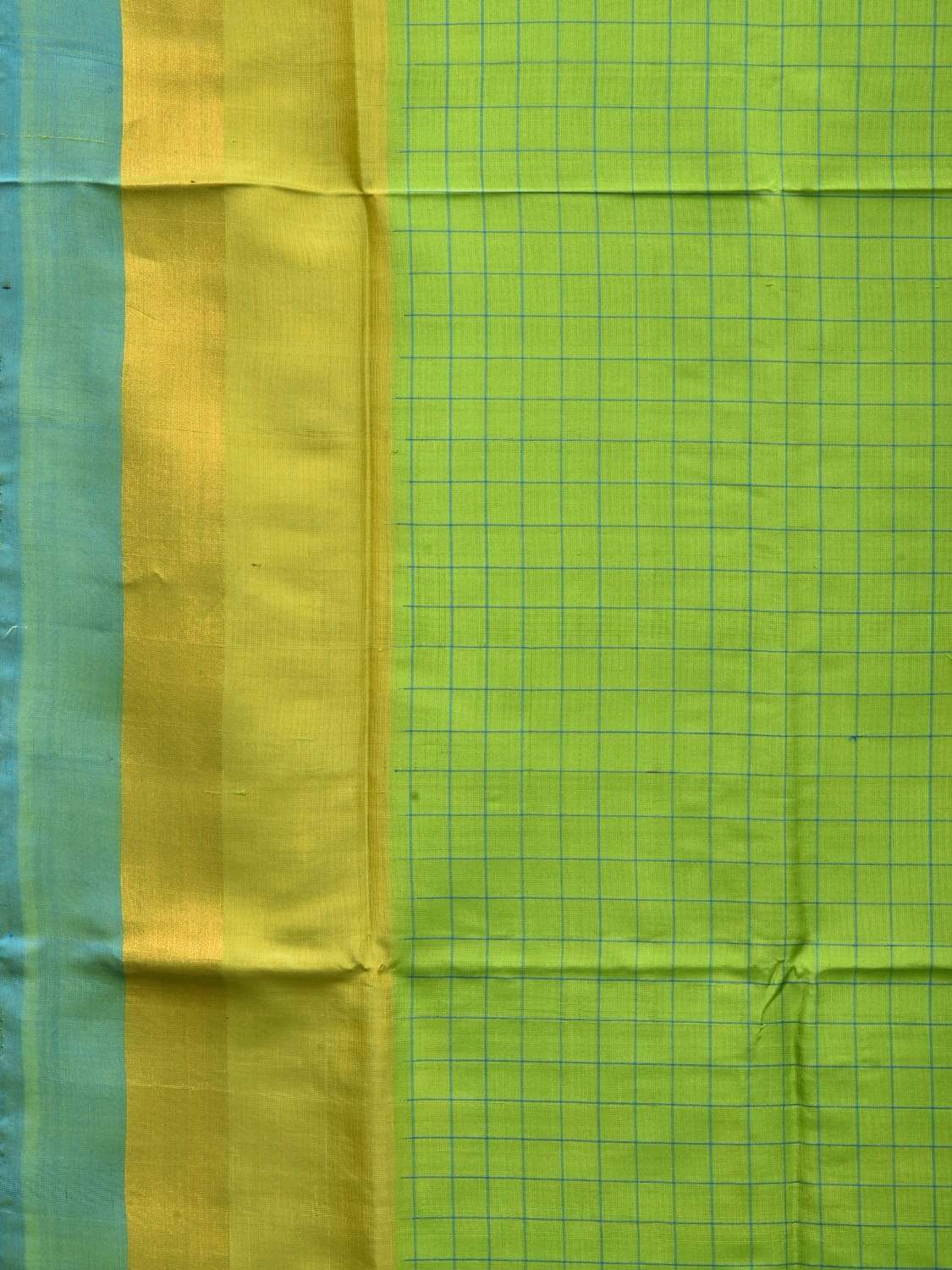 Green and Blue Uppada Silk Handloom Saree with Half Checks Body Design u1763