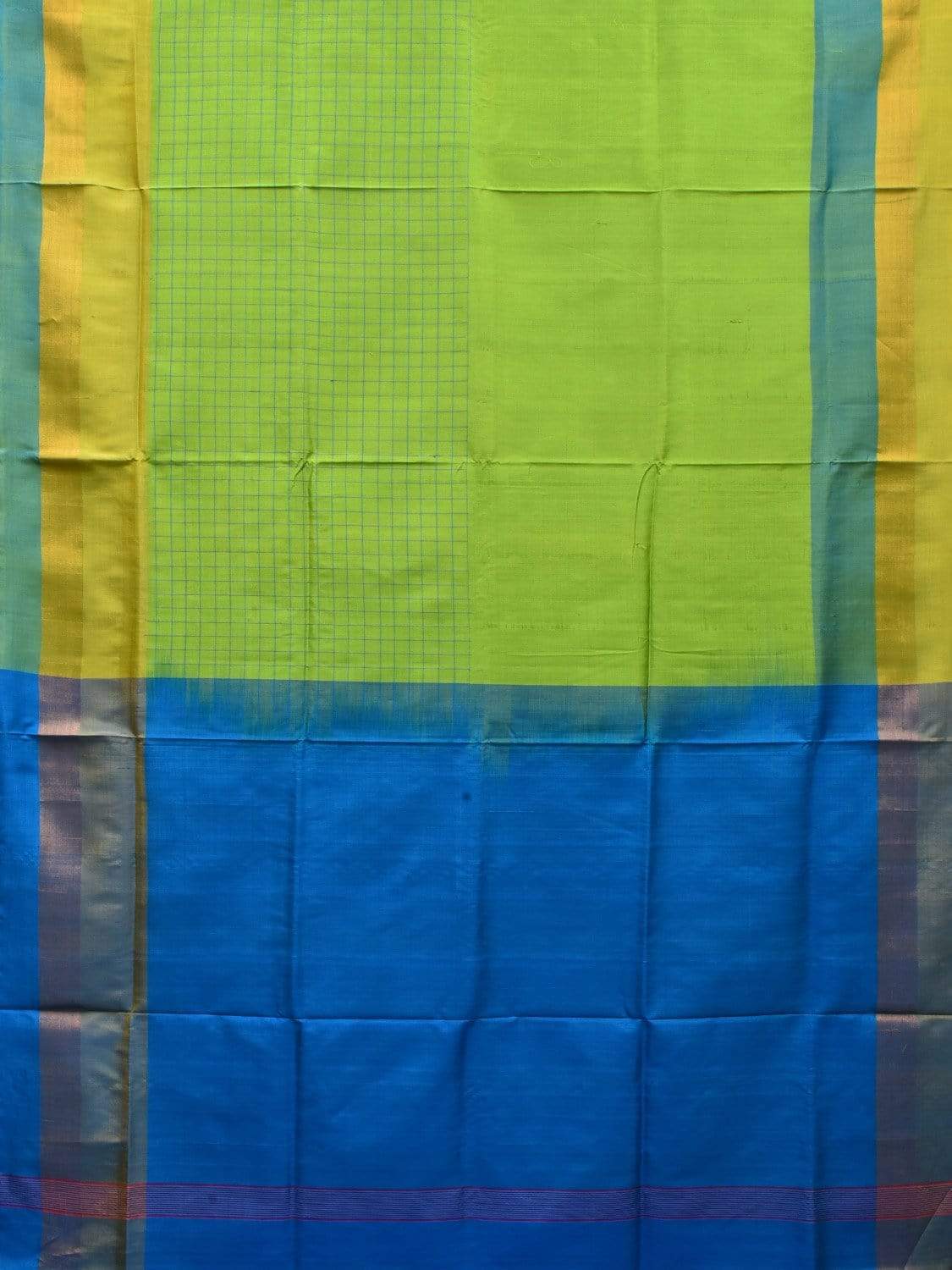 Green and Blue Uppada Silk Handloom Saree with Half Checks Body Design u1763