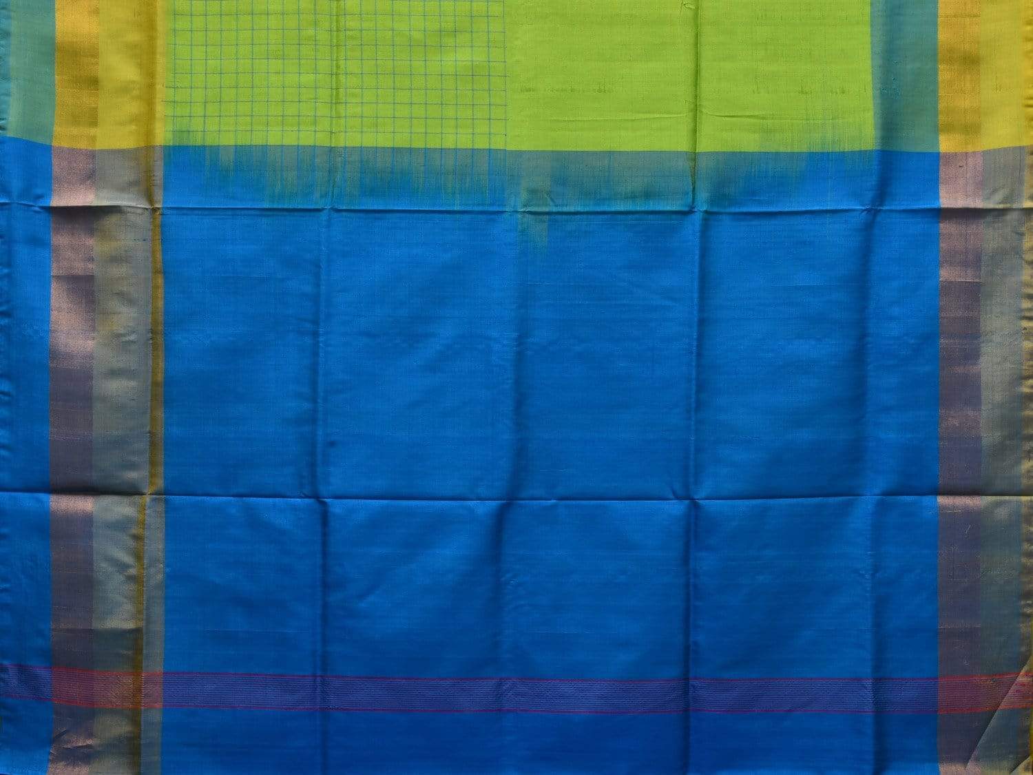 Green and Blue Uppada Silk Handloom Saree with Half Checks Body Design u1763