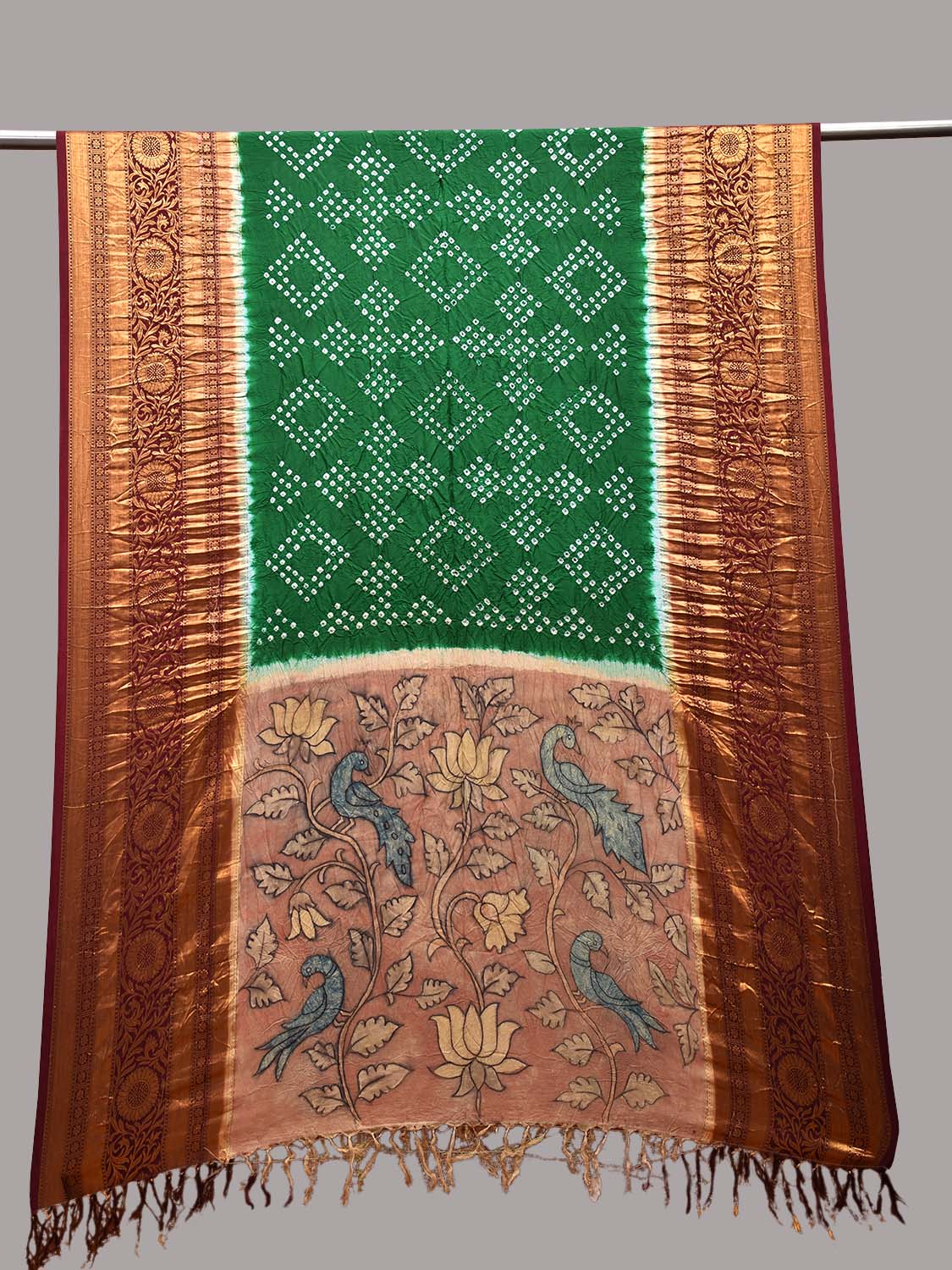 Green and Brown Bandhani Kalamkari Hand Painted Kanchipuram Silk Handloom Dupatta with Floral and Birds Design ds3668