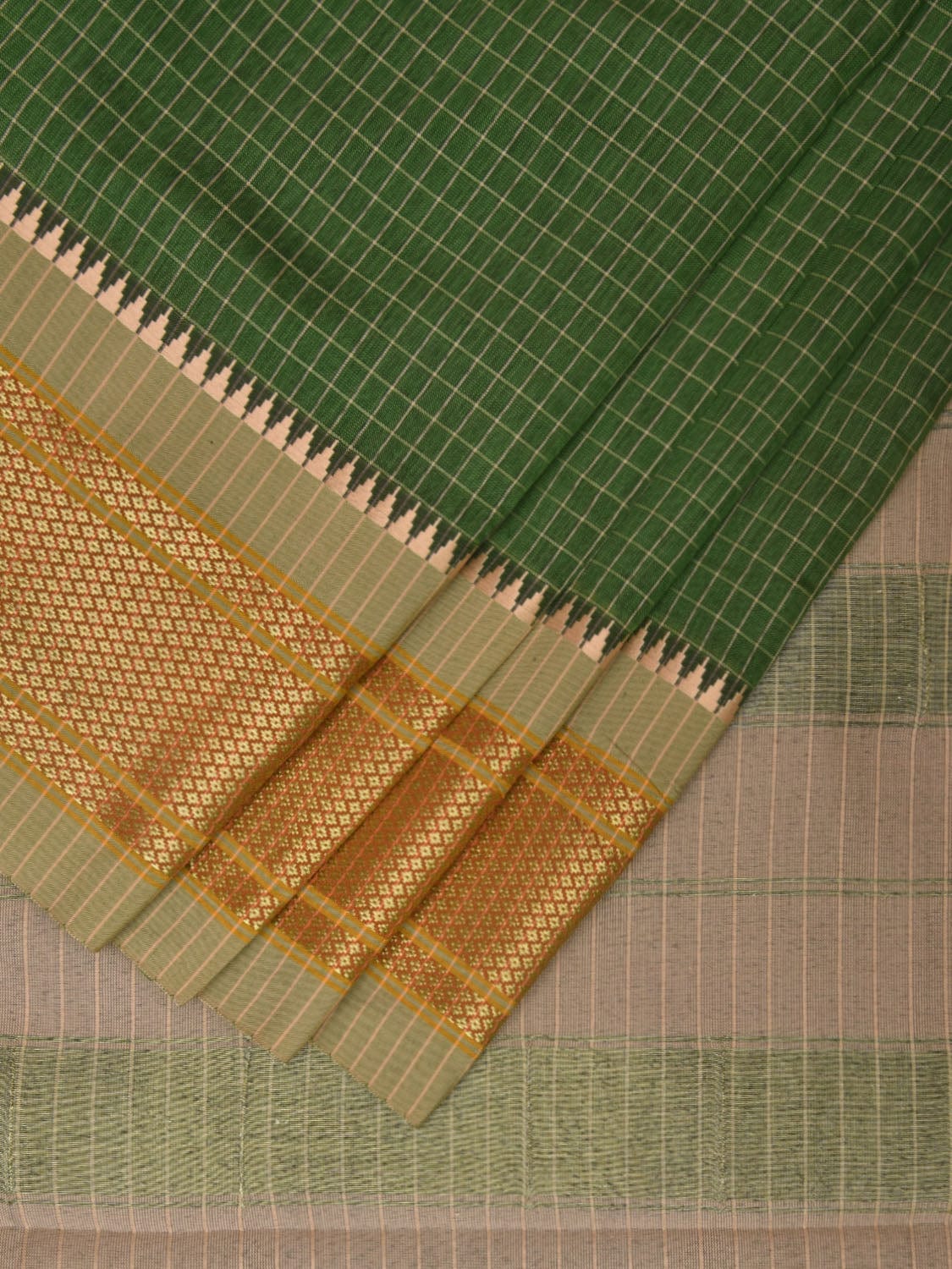 Green and Cream Bamboo Cotton Saree with Checks Design No Blouse bc0343