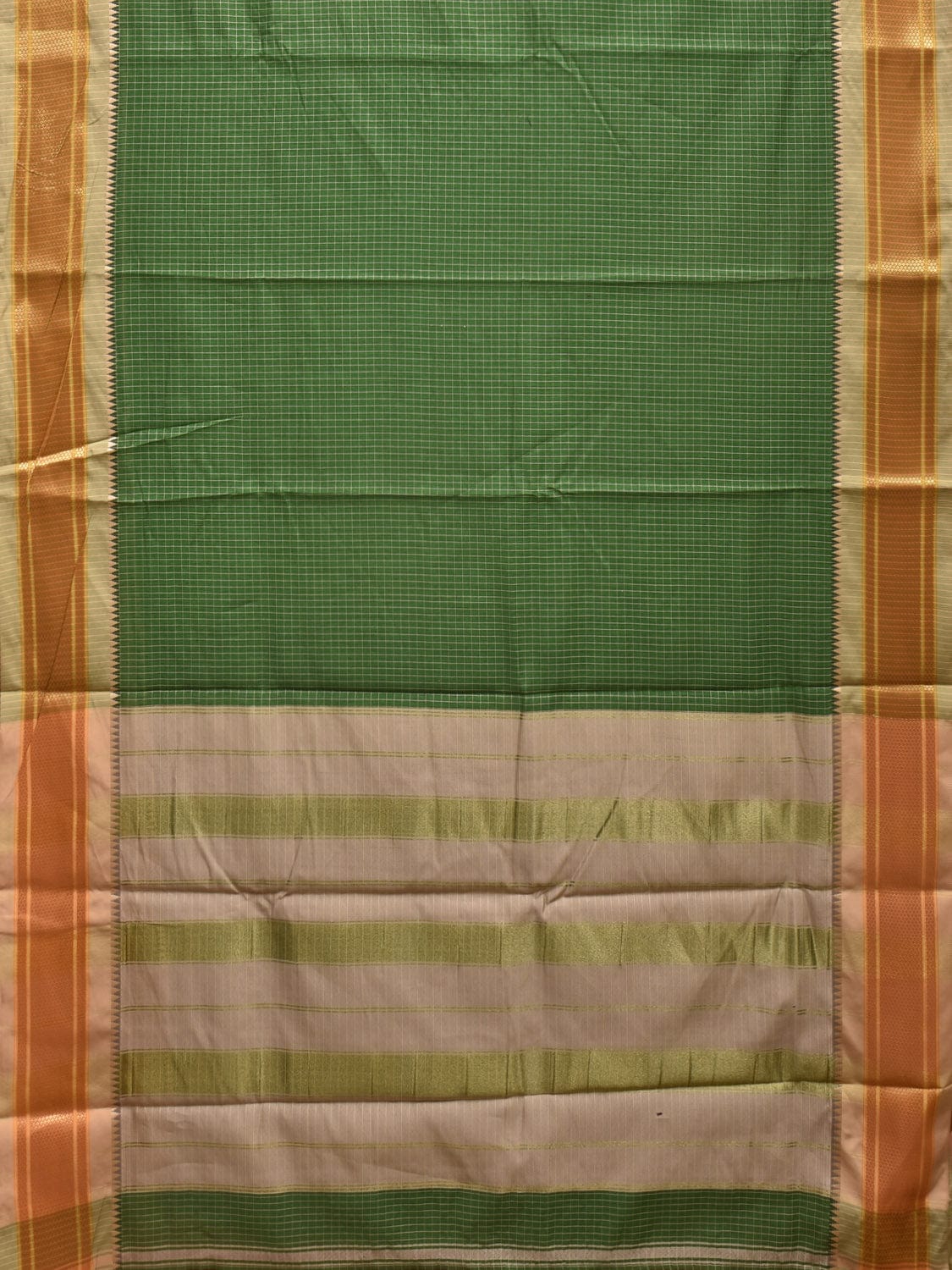 Green and Cream Bamboo Cotton Saree with Checks Design No Blouse bc0343