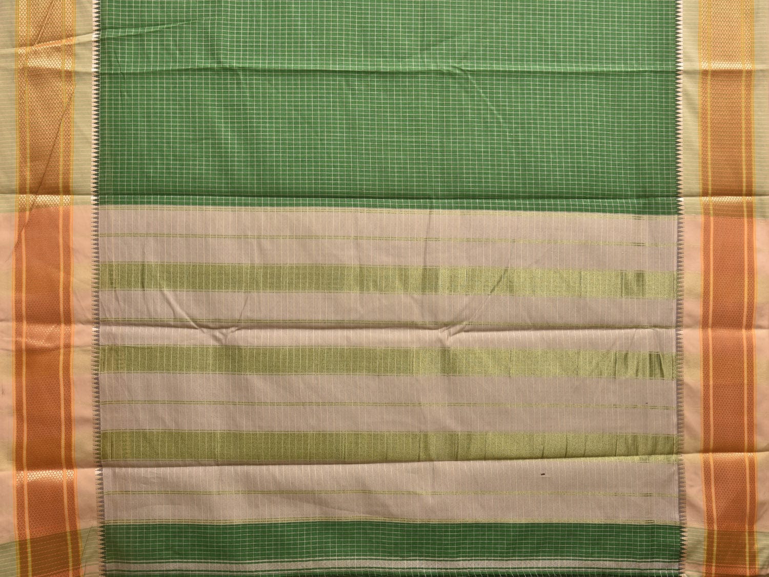 Green and Cream Bamboo Cotton Saree with Checks Design No Blouse bc0343