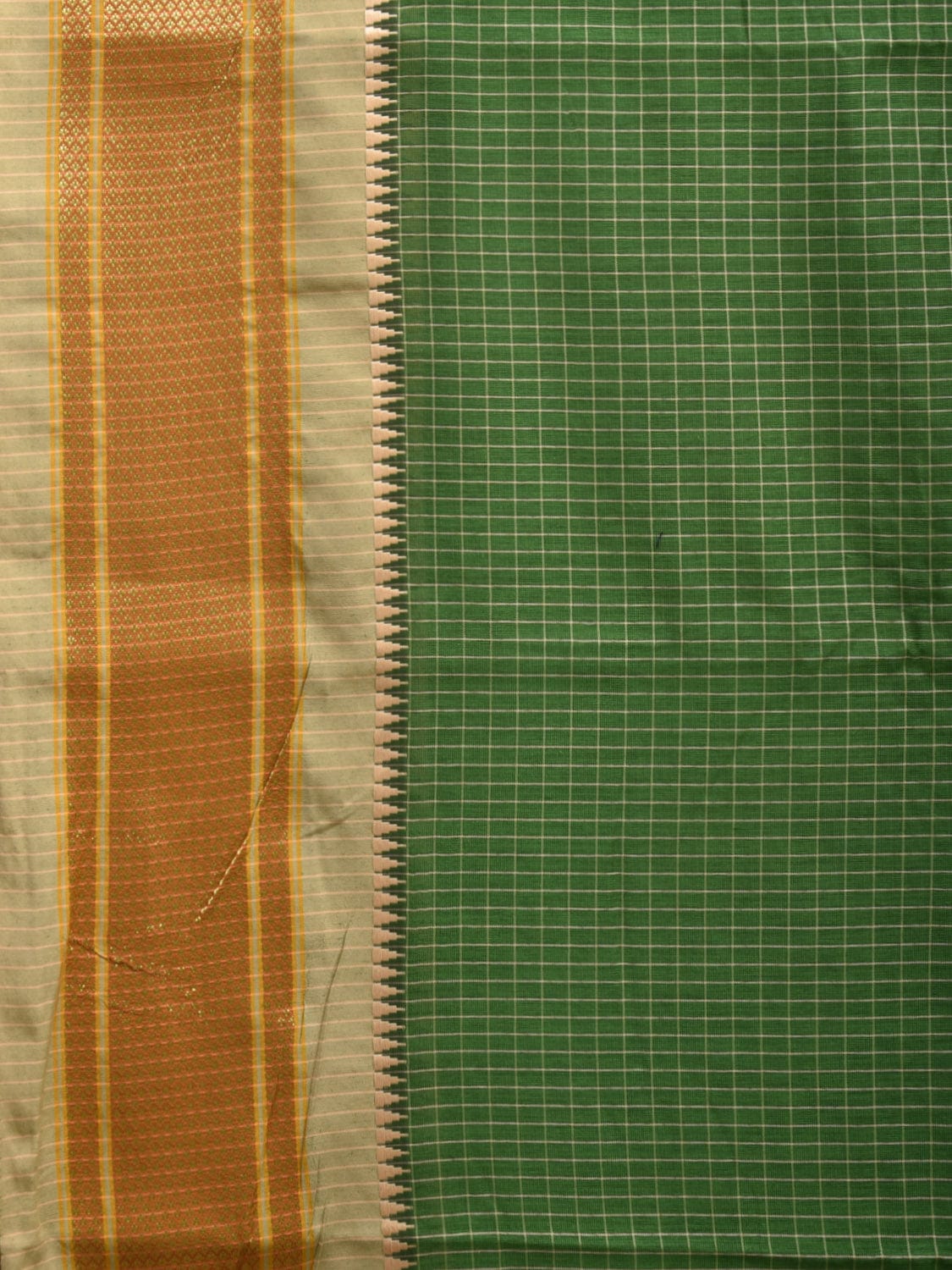 Green and Cream Bamboo Cotton Saree with Checks Design No Blouse bc0343