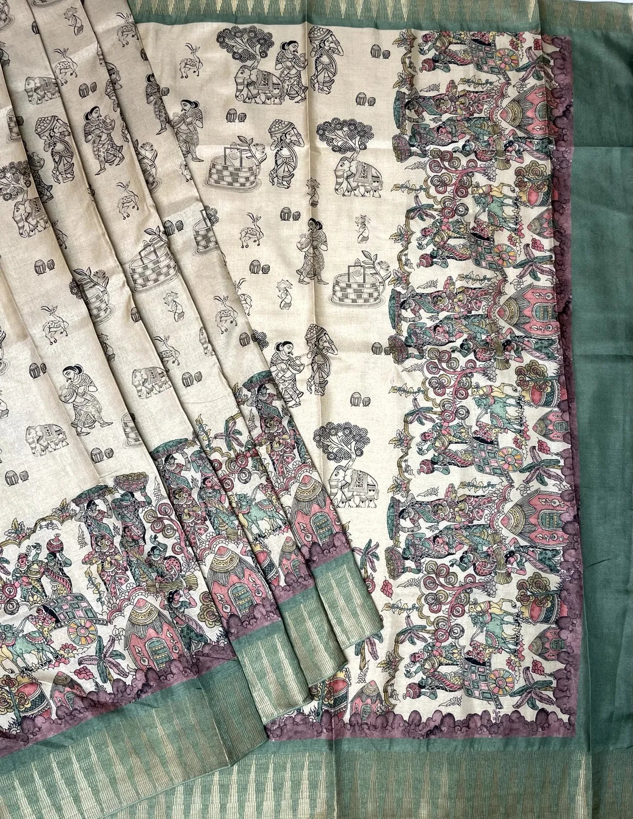 Green and Cream Digital Printed Viscose Silk Saree with Village Theme Design pr0056ap