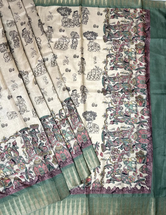 Green and Cream Digital Printed Viscose Silk Saree with Village Theme Design pr0056ap