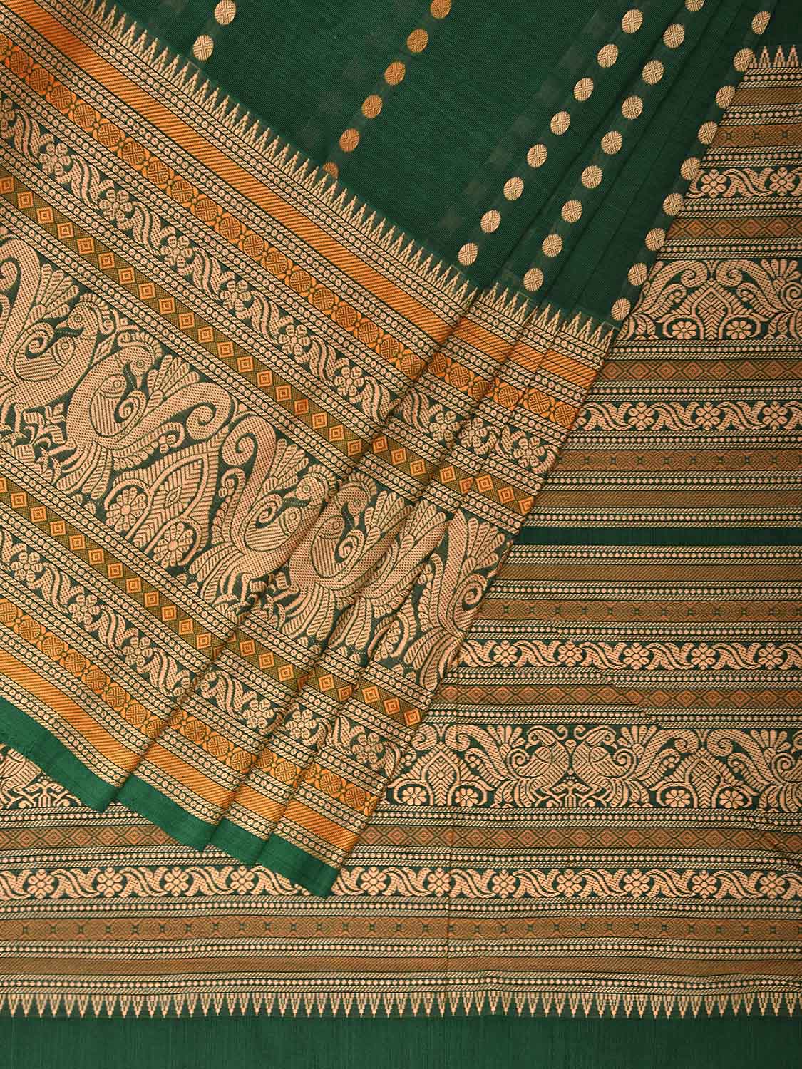 Green and Cream Kanchipuram Cotton Saree with Pallu and Big Border Design k0758