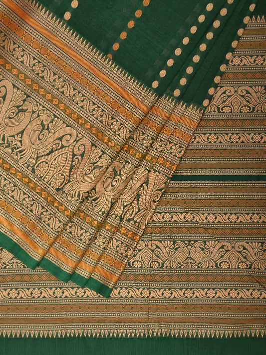 Green and Cream Kanchipuram Cotton Saree with Pallu and Big Border Design k0758