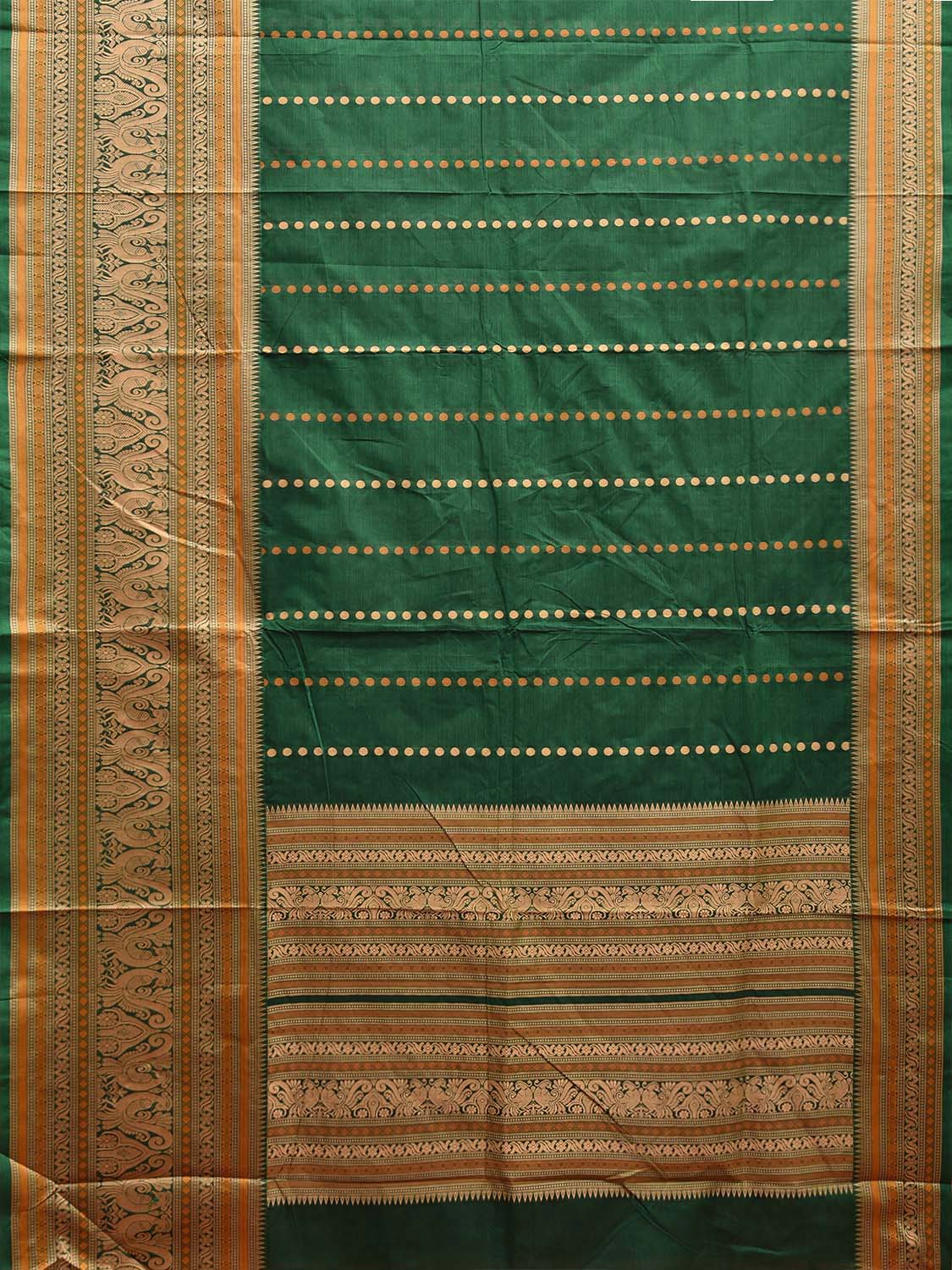 Green and Cream Kanchipuram Cotton Saree with Pallu and Big Border Design k0758