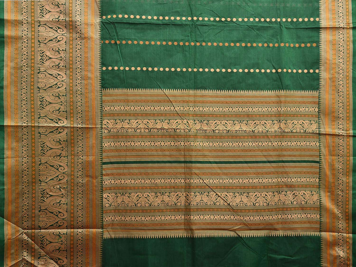 Green and Cream Kanchipuram Cotton Saree with Pallu and Big Border Design k0758
