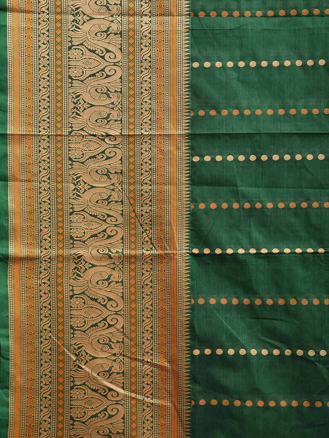 Green and Cream Kanchipuram Cotton Saree with Pallu and Big Border Design k0758