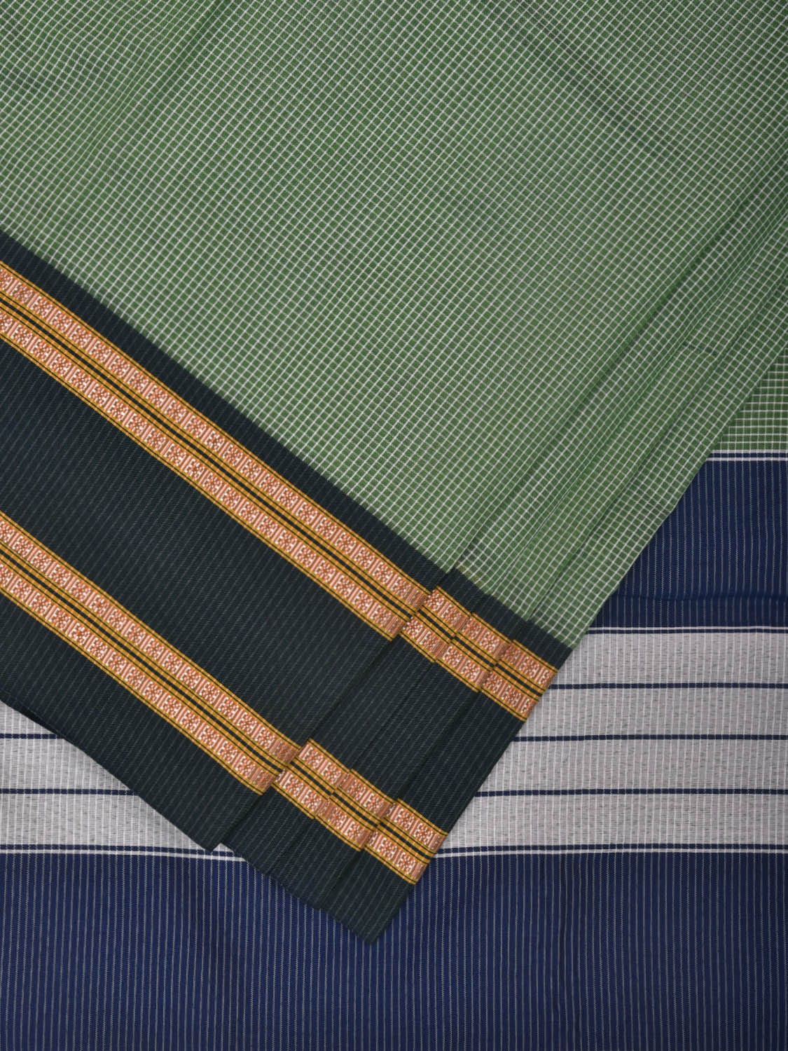 Green and Dark Blue Bamboo Cotton Saree with Small Checks Design No Blouse bc0300