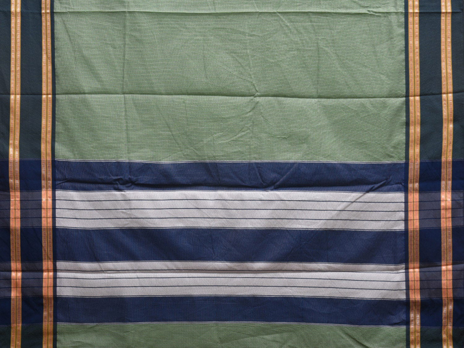 Green and Dark Blue Bamboo Cotton Saree with Small Checks Design No Blouse bc0300