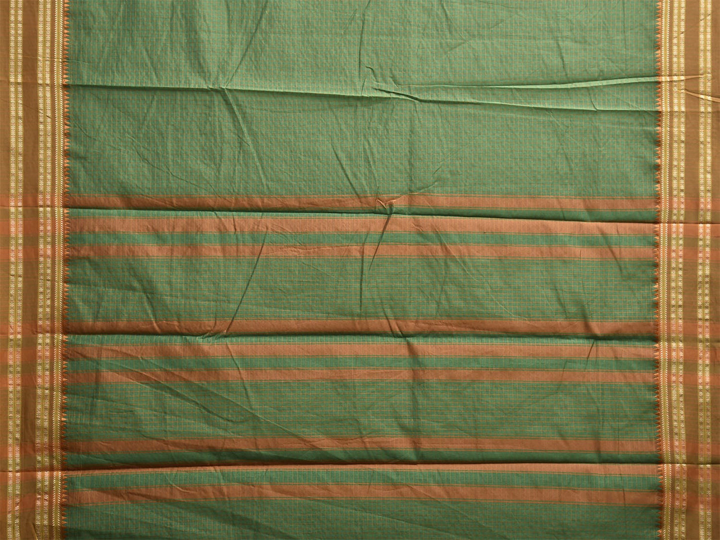 Green and Fawn Bamboo Cotton Saree with Checks Design No Blouse bc0846