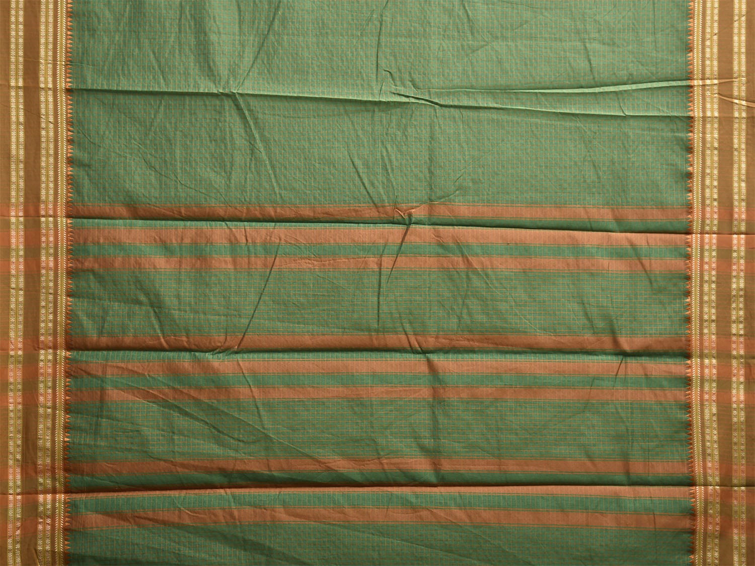 Green and Fawn Bamboo Cotton Saree with Checks Design No Blouse bc0846