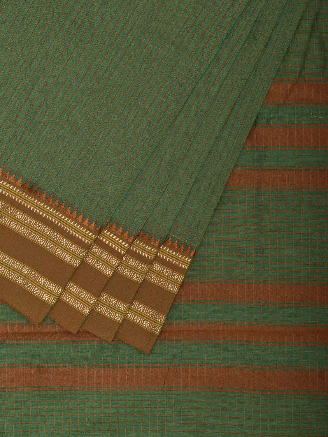 Green and Fawn Bamboo Cotton Saree with Checks Design No Blouse bc0846
