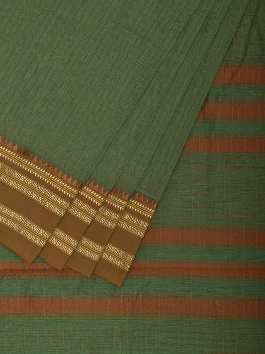 Green and Fawn Bamboo Cotton Saree with Checks Design No Blouse bc0846