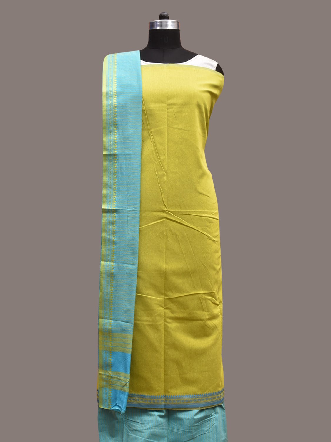 Green and Light Blue Bamboo Cotton Dress Material with Strips Dupatta and Plain Top and Bottom Design dm0046