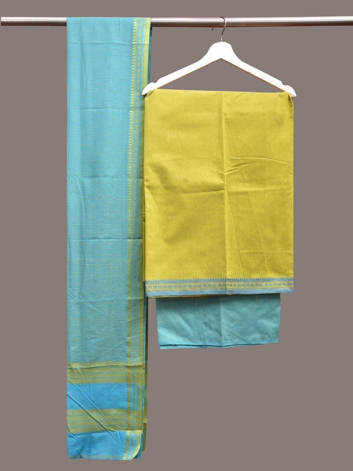 Green and Light Blue Bamboo Cotton Dress Material with Strips Dupatta and Plain Top and Bottom Design dm0046