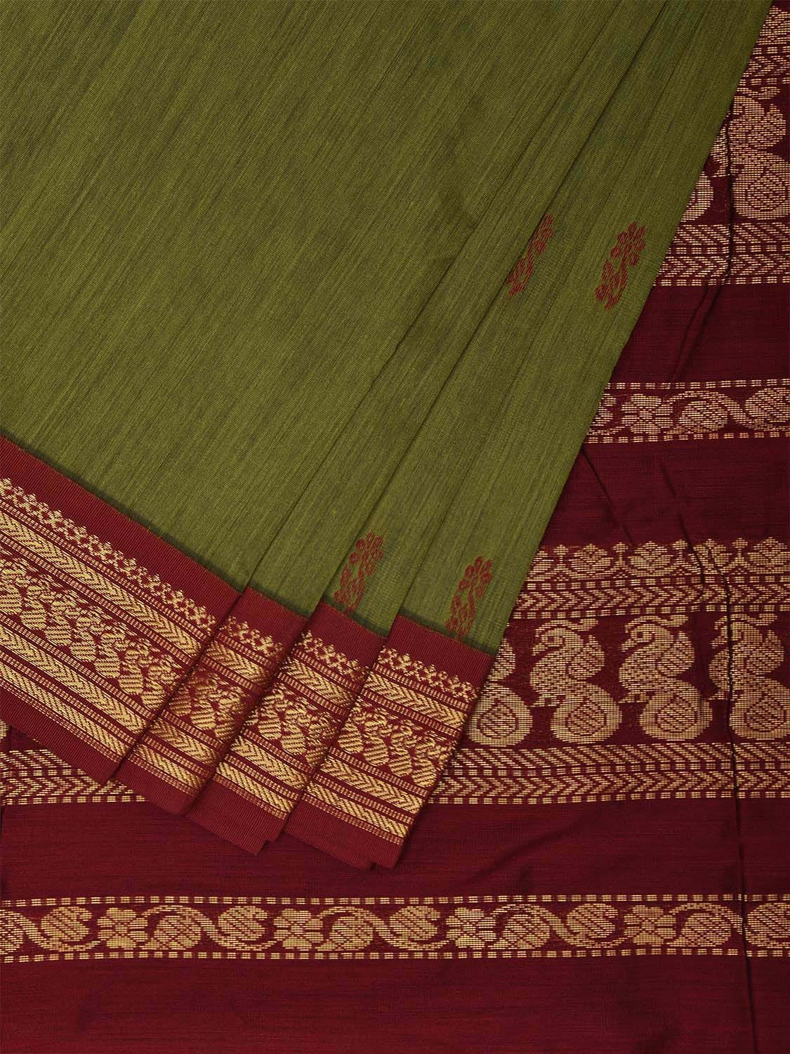 Green and Maroon Gadwal Cotton Saree with Pallu and Border Design g0430