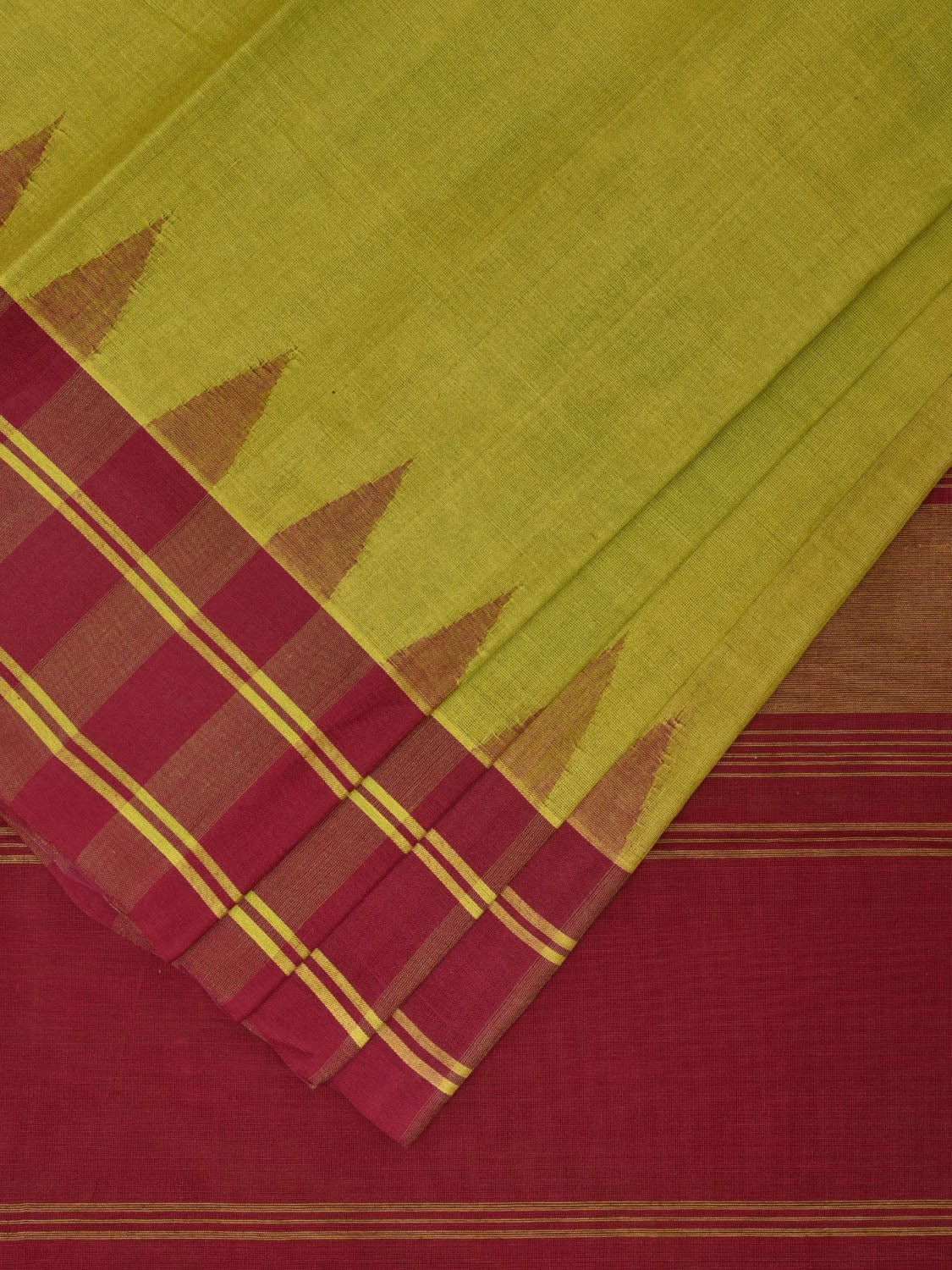 Green and Maroon Kanchipuram Cotton Handloom Saree with Temple Border Design k0543