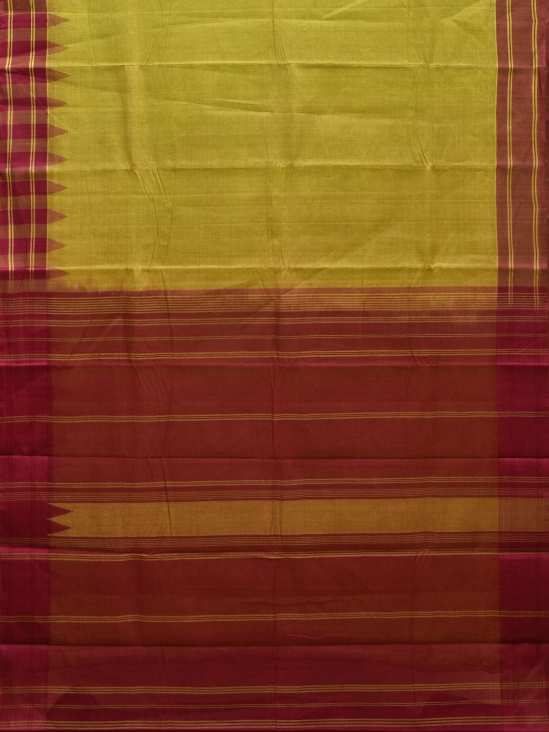 Green and Maroon Kanchipuram Cotton Handloom Saree with Temple Border Design k0543