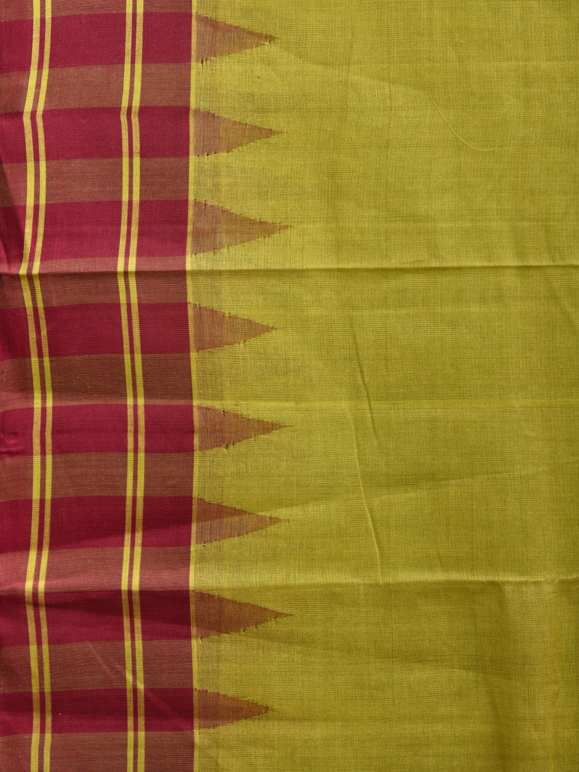 Green and Maroon Kanchipuram Cotton Handloom Saree with Temple Border Design k0543