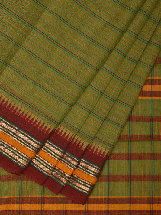 Green and Maroon Narayanpet Cotton Handloom Saree with Strips Design No Blouse np1009