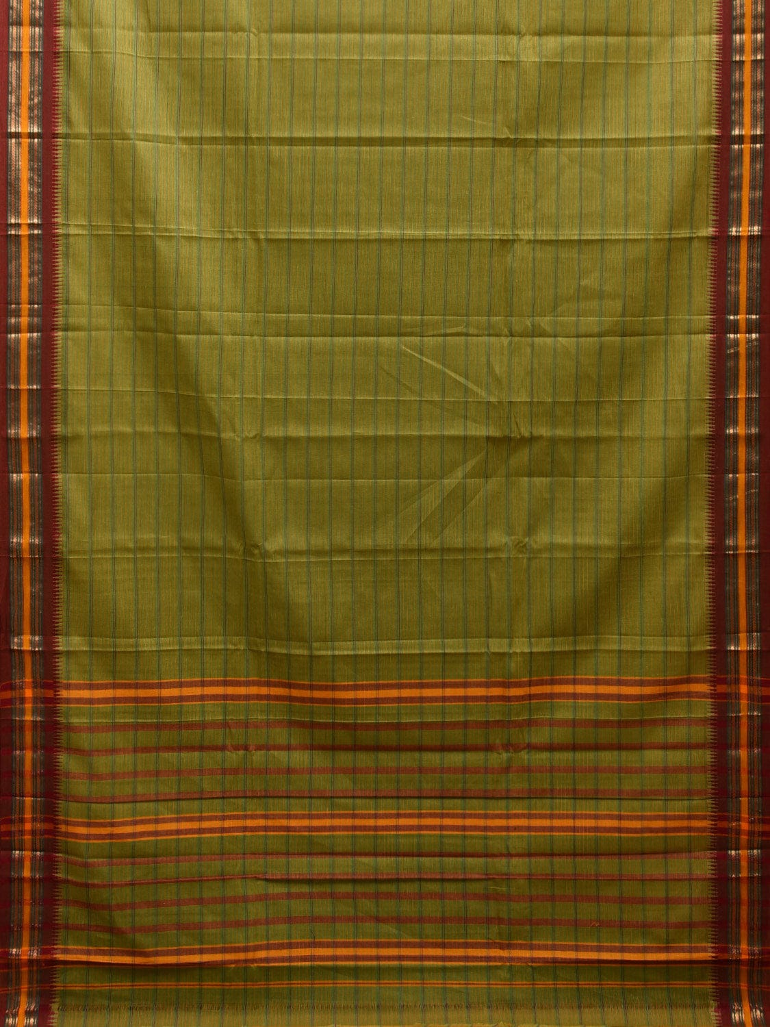 Green and Maroon Narayanpet Cotton Handloom Saree with Strips Design No Blouse np1009